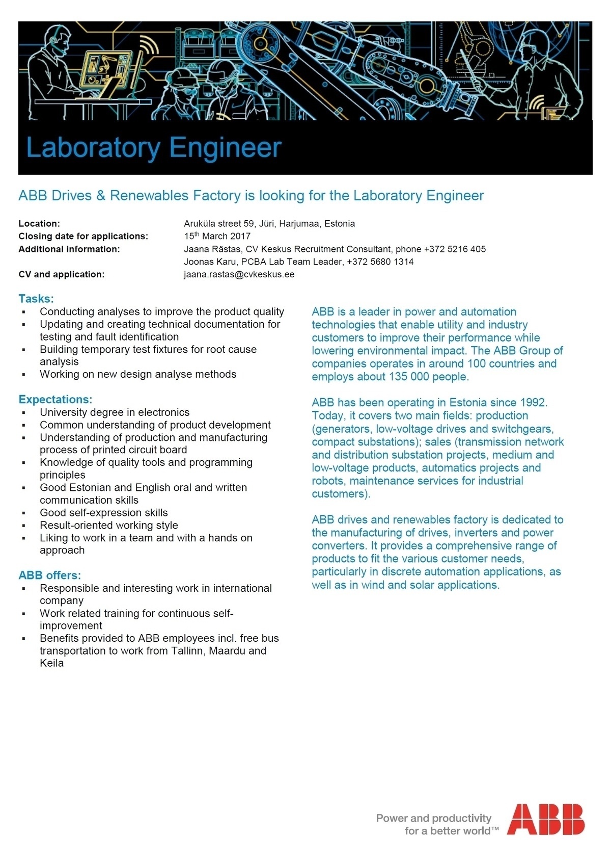 CV Keskus OÜ ABB is looking for a Laboratory Engineer