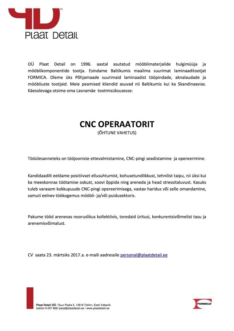 Plaat Detail OÜ CNC  operaator (õhtune vahetus)