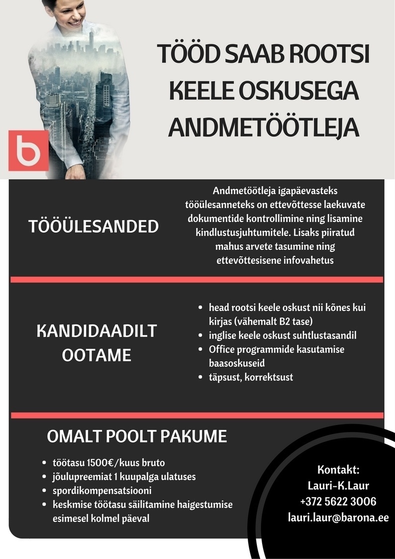 Barona Eesti OÜ Rootsi keele oskusega andmetöötleja