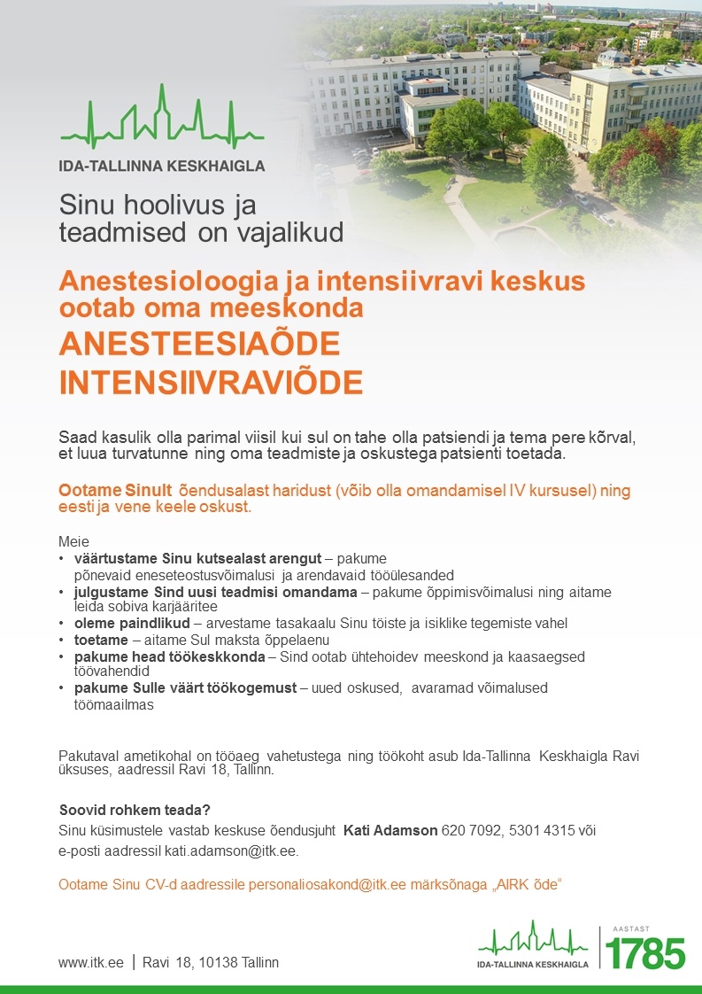 Ida-Tallinna Keskhaigla AS Õde anestesioloogia ja intensiivravi keskusesse