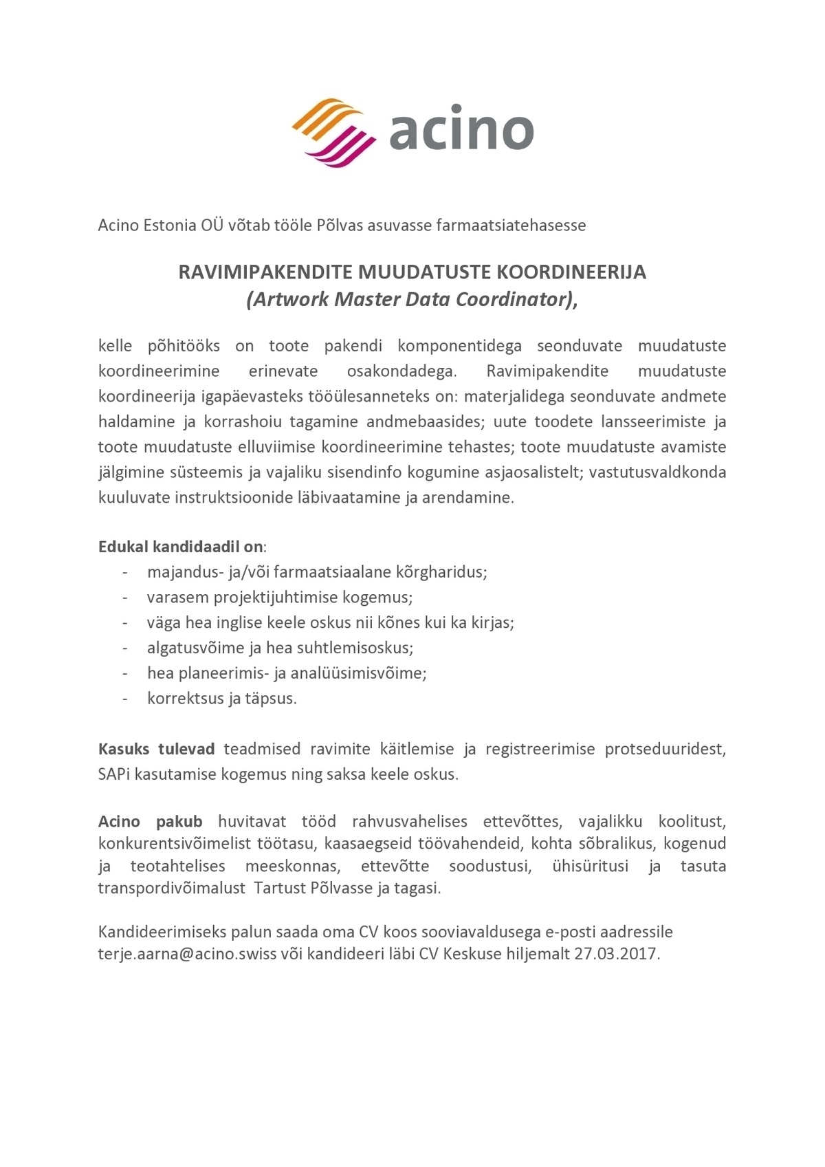 Acino Estonia OÜ Ravimipakendite muudatuste koordineerija