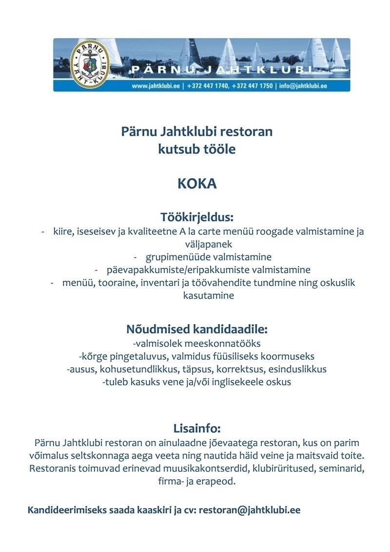 PJK Haldus OÜ (Pärnu Jahtklubi) Kokk