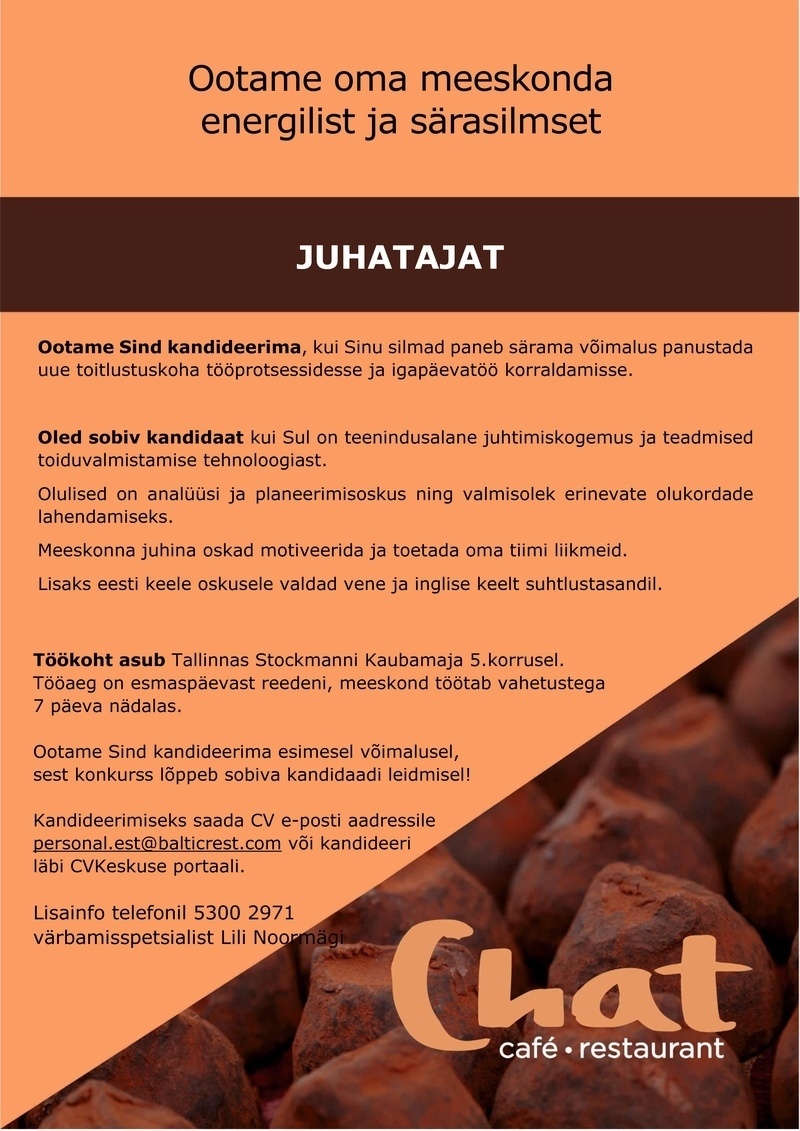 BALTIC RESTAURANTS ESTONIA AS JUHATAJA restoranis CHAT
