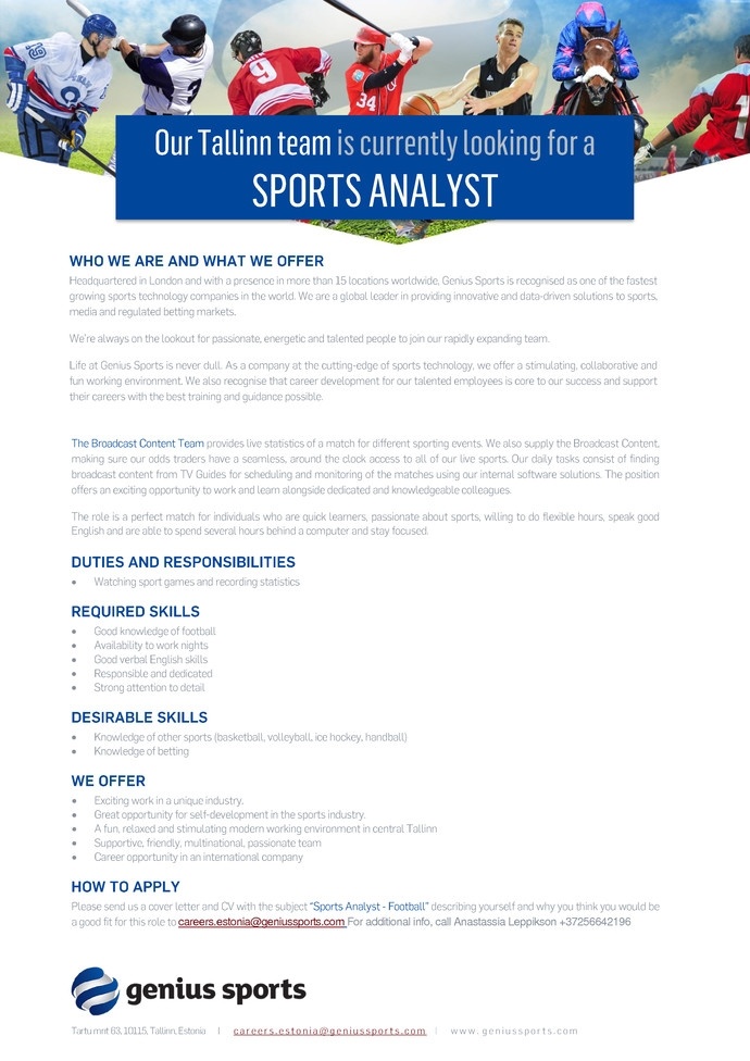 Genius Sports Services Eesti OÜ Sports Analyst: Football (Part-time)