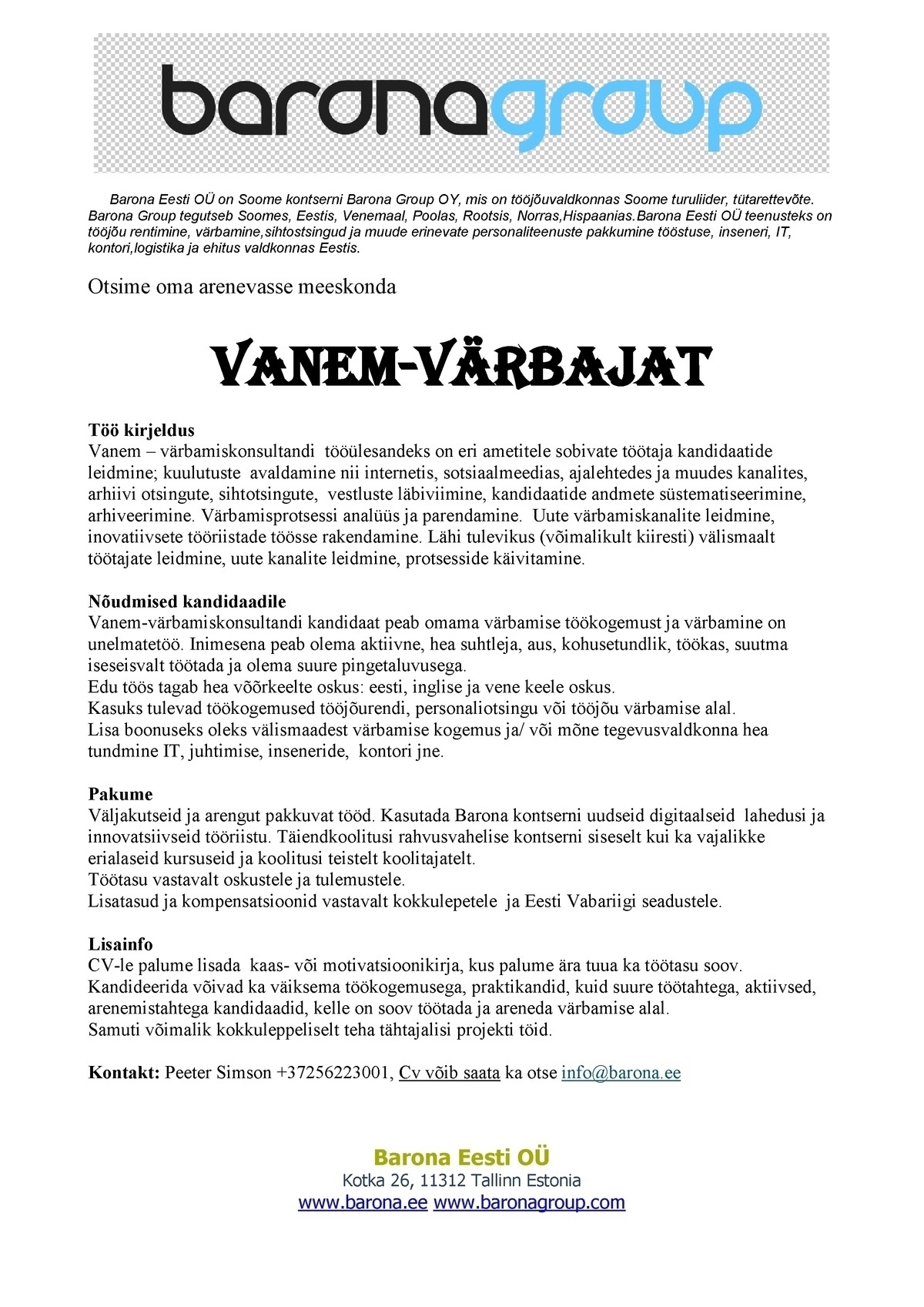 Barona Eesti OÜ Vanem-värbamiskonsultant