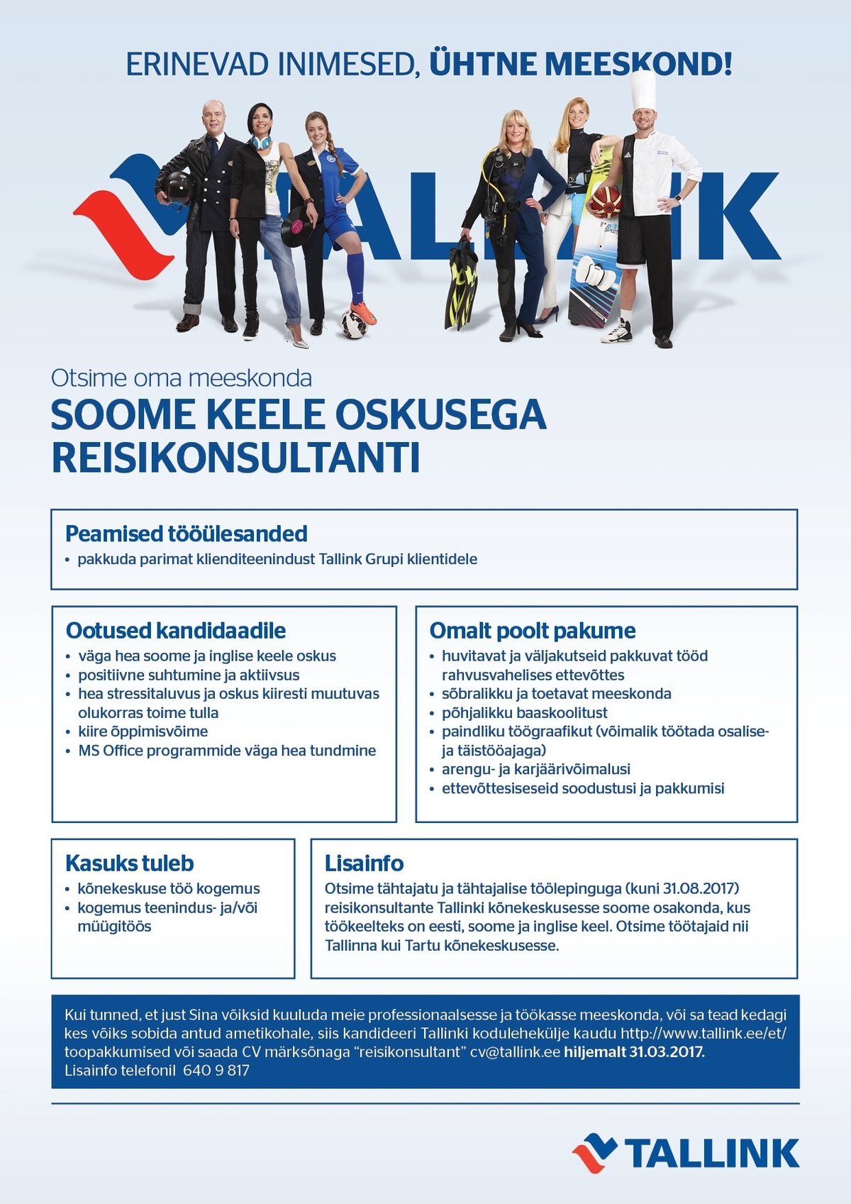 Tallink Grupp AS Soome keele oskusega reisikonsultant Tallinna ja Tartu kõnekeskusesse