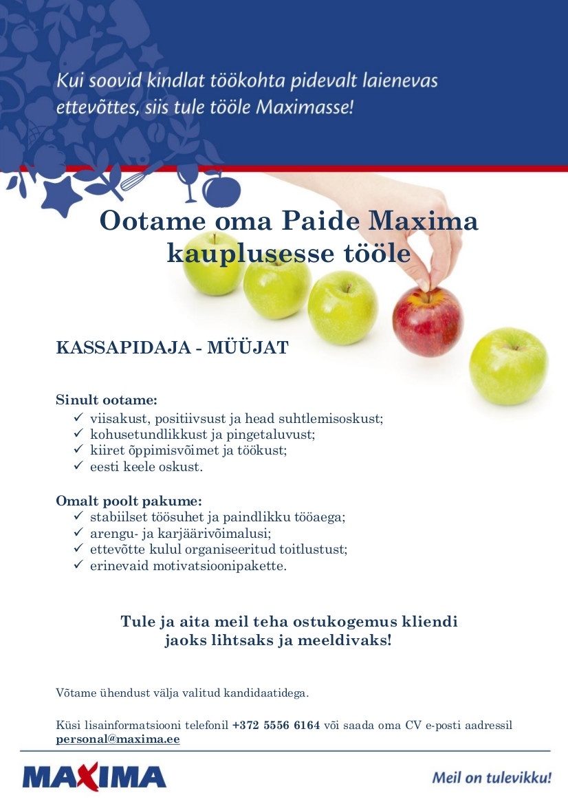 Maxima Eesti OÜ Kassapidaja-müüja Paide Maximas