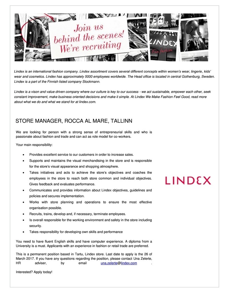 LINDEX EESTI OÜ STORE MANAGER, Rocca al Mare, TALLINN