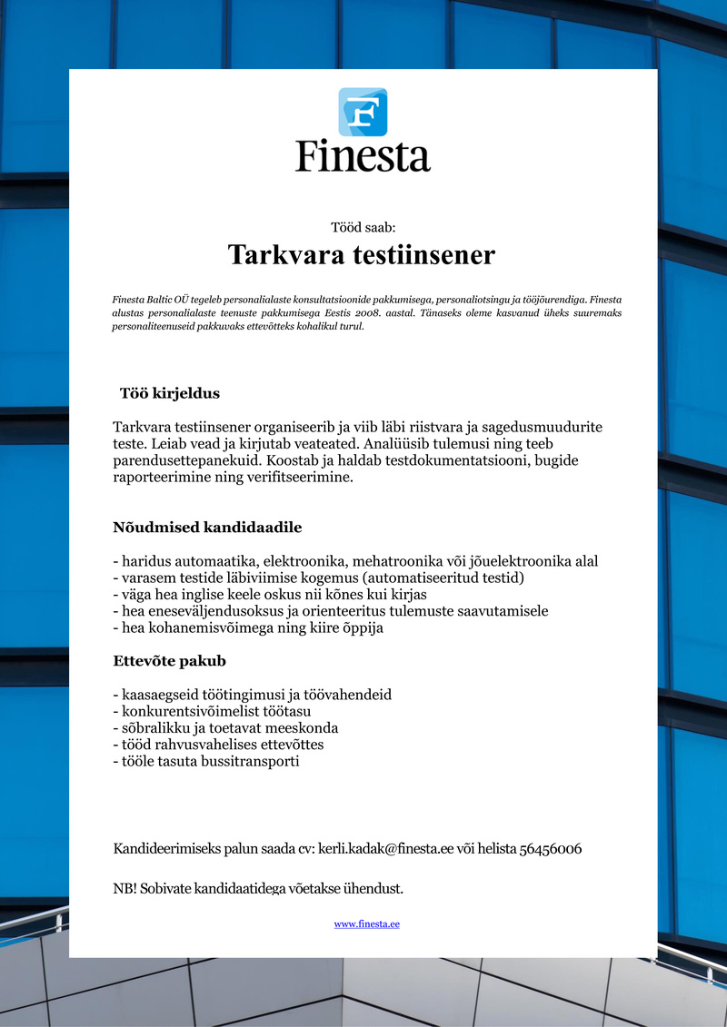 Finesta Baltic OÜ Tarkvara testiinsener (ABB AS)