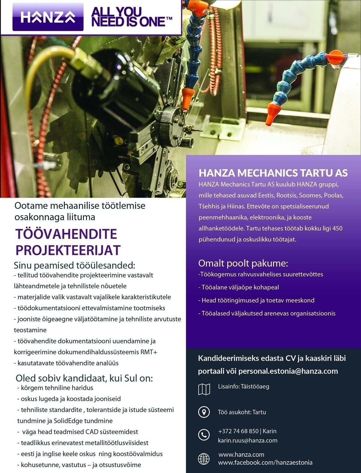 HANZA Mechanics Tartu AS Töövahendite projekteerija