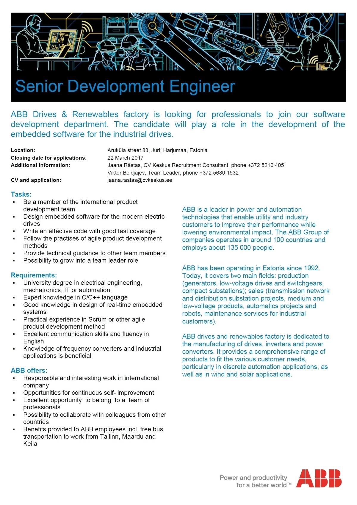 CV KESKUS OÜ ABB is looking for a Senior Development Engineer