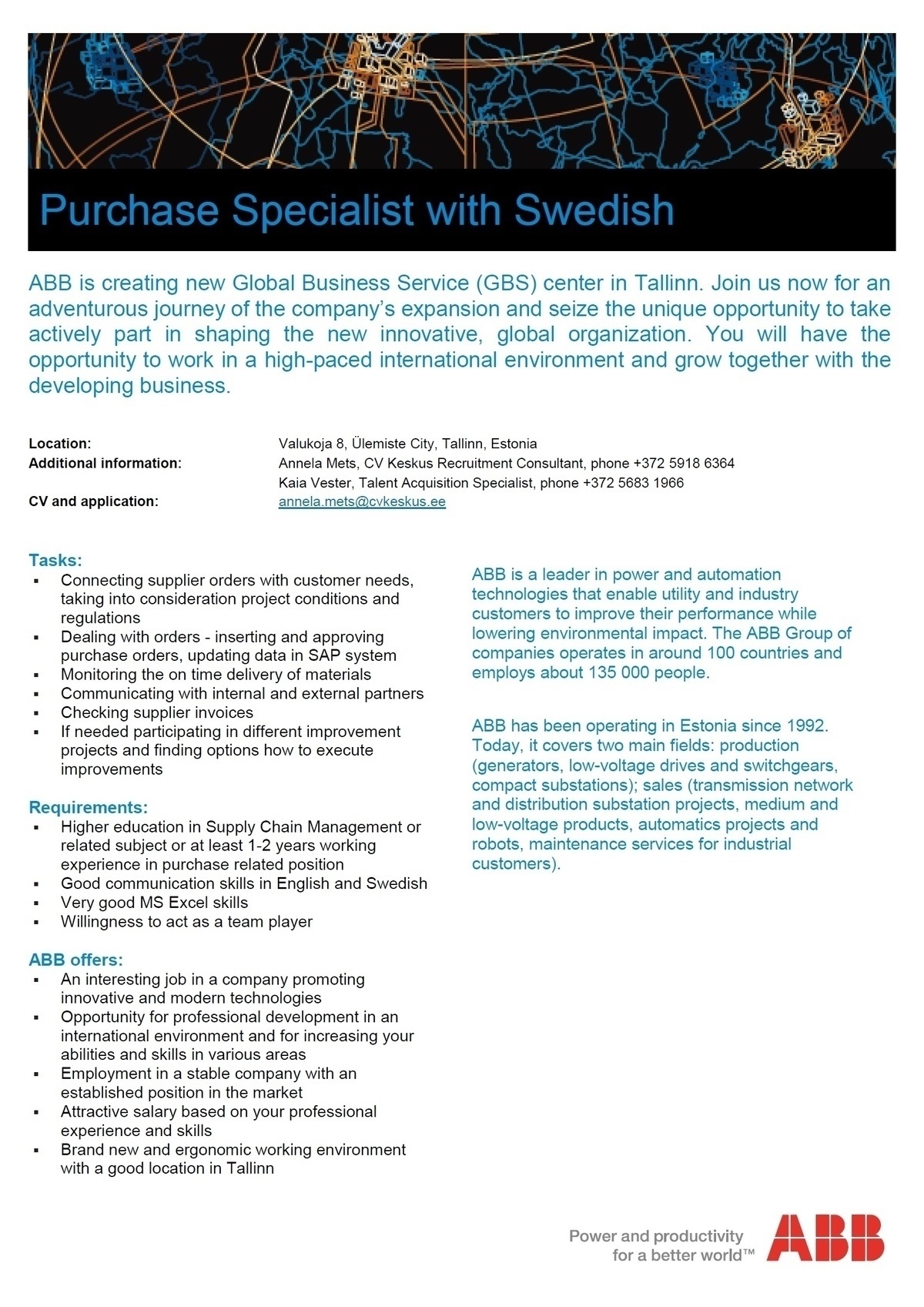 CV Keskus OÜ ABB is looking for a Purchase Specialist with Swedish
