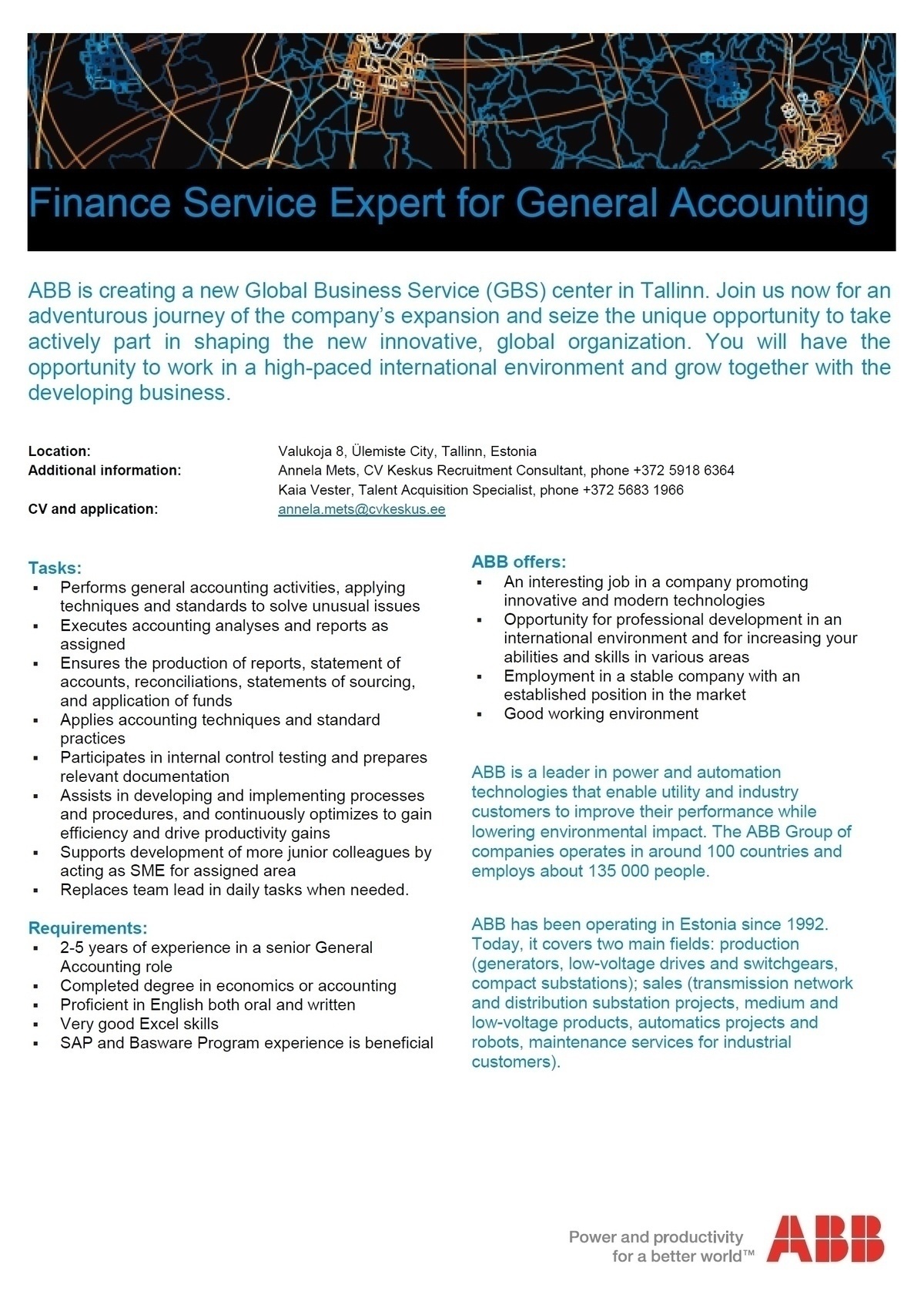 CV KESKUS OÜ ABB is looking for a Finance Service Expert for General Accounting