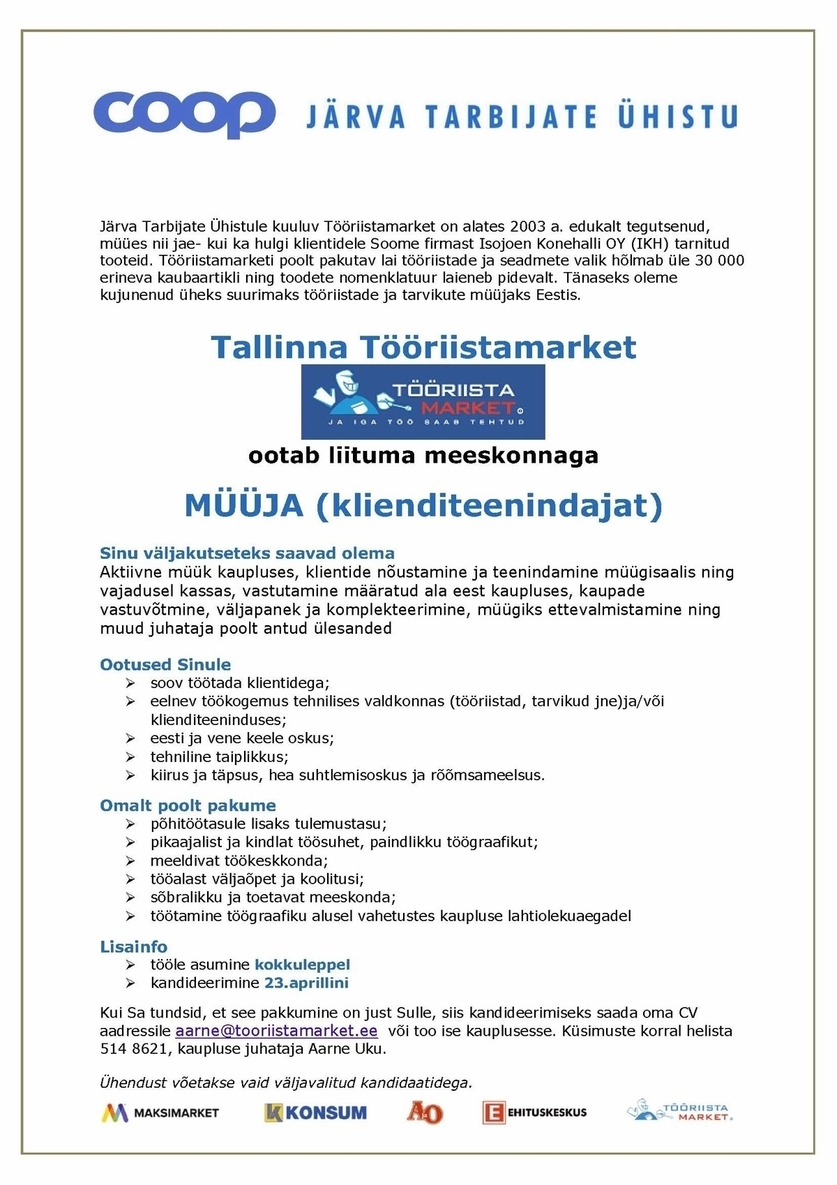 Tööriistamarket Müüja-klienditeenindaja (Tallinna Tööriistamarket)