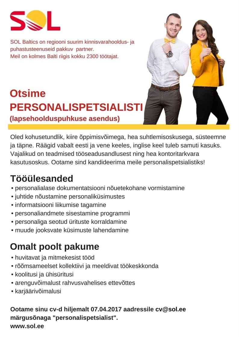 SOL Baltics OÜ Personalispetsialist
