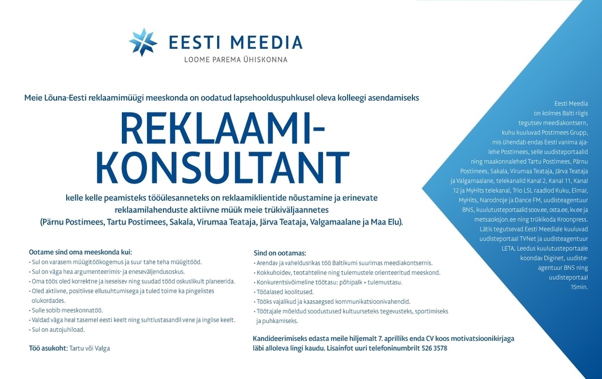 Eesti Meedia AS Reklaamikonsultant