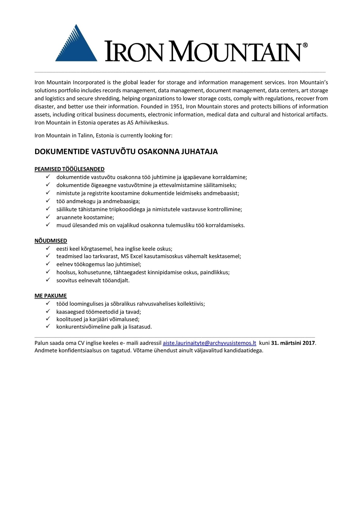 CVKeskus.ee client Document acceptation department manager (work in warehouse)