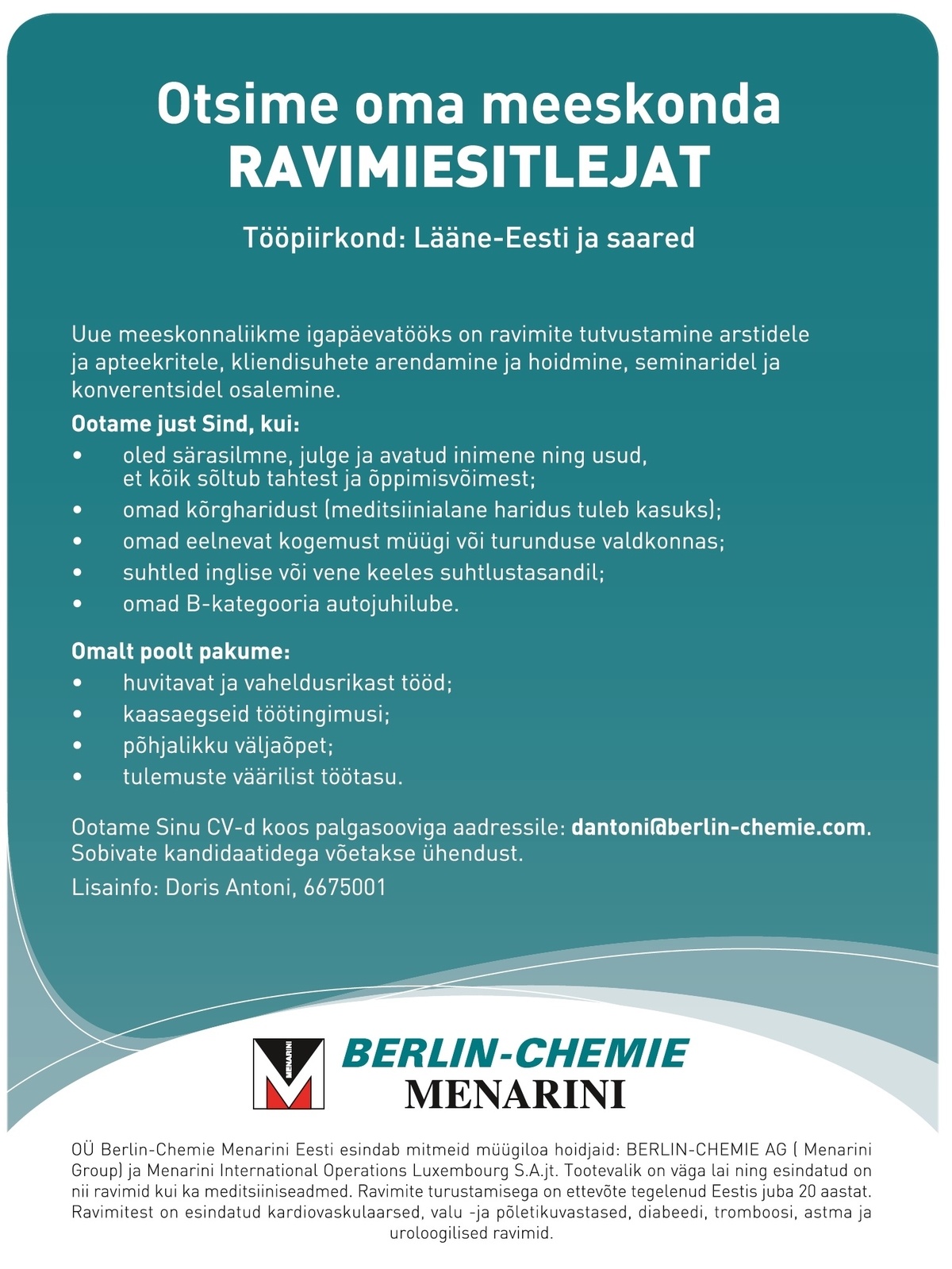 Berlin-Chemie Menarini Eesti OÜ Ravimiesitleja (Lääne-Eesti ja saared)
