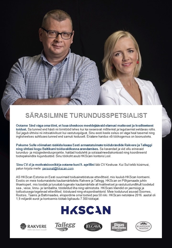 HKScan Estonia AS Turundusspetsialist