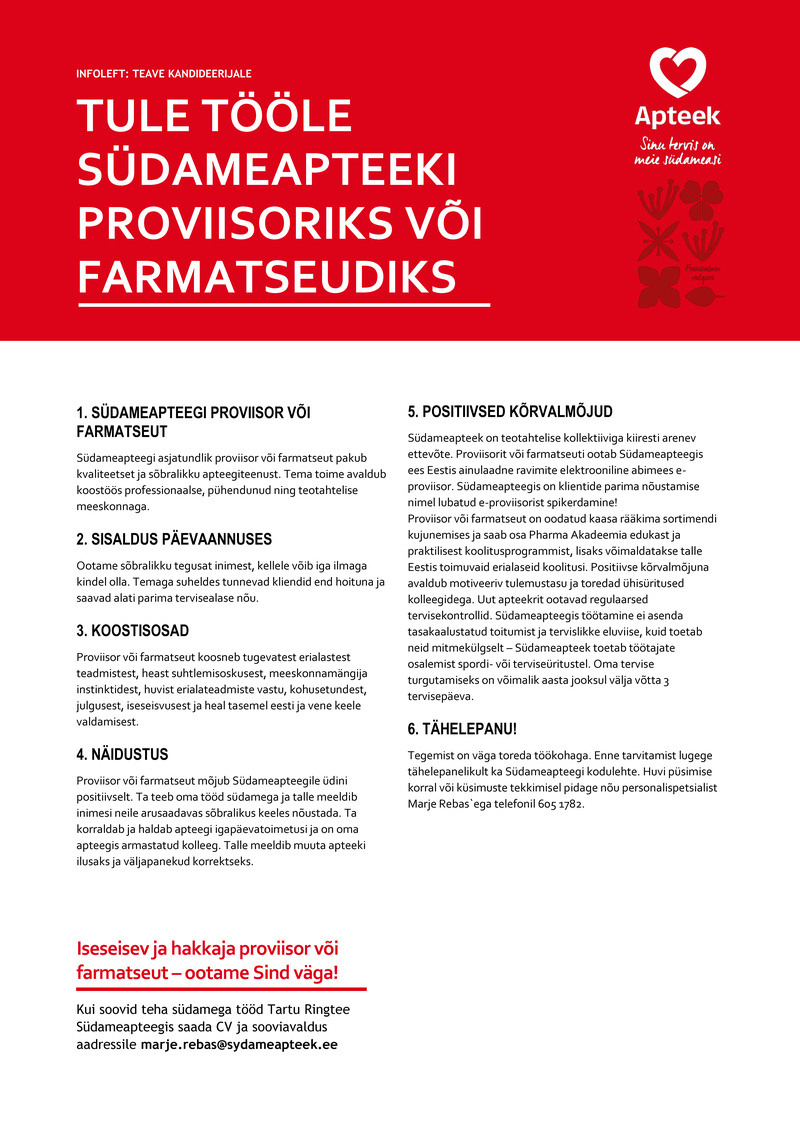 Pharma Holding OÜ Farmatseut või proviisor Tartu Ringtee Südameapteegis