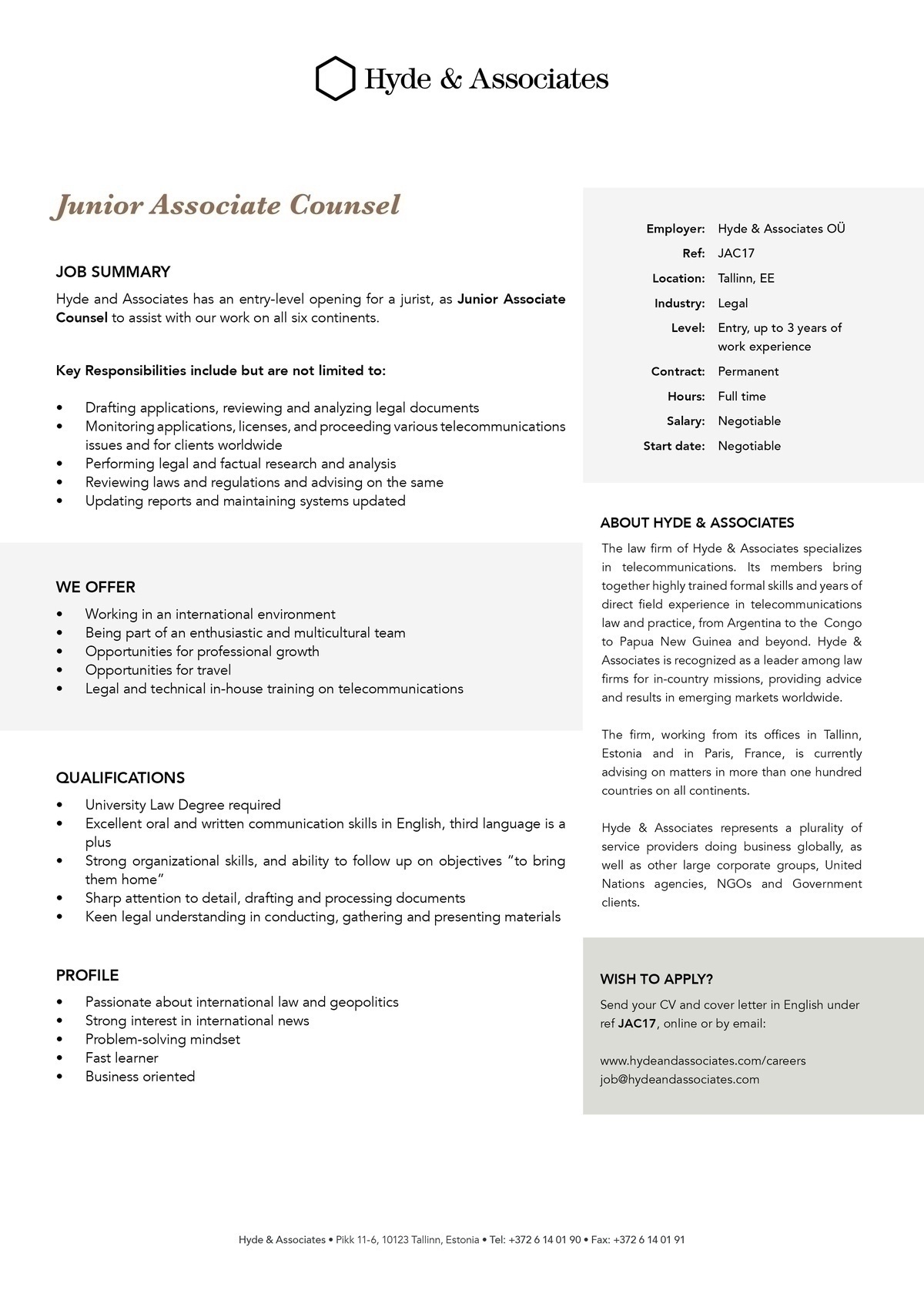 HYDE & ASSOCIATES OÜ Junior Associate Counsel