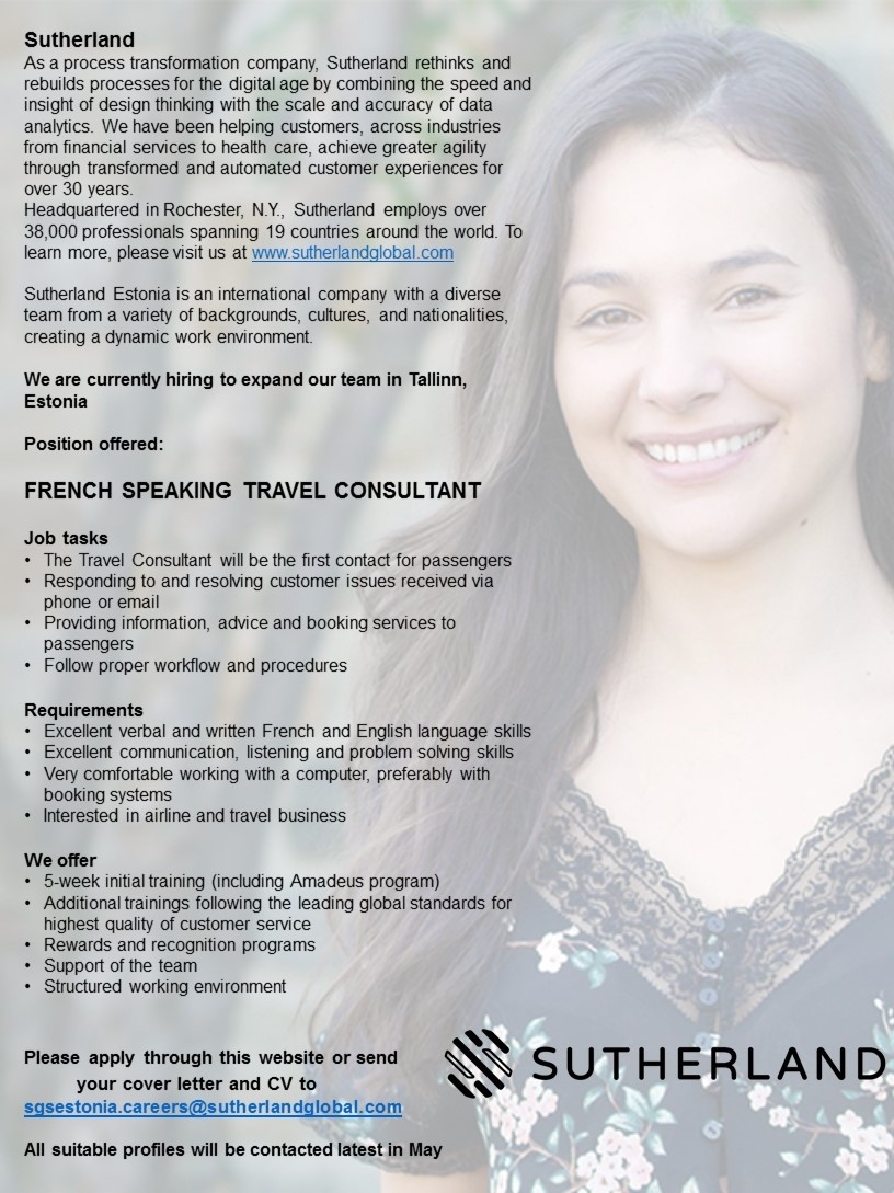 Sutherland Global Services OÜ French speaking Travel Consultant