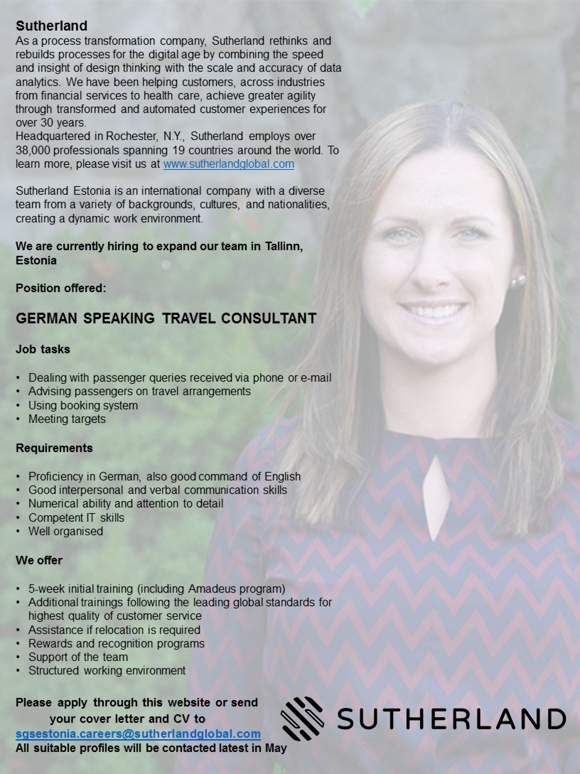Sutherland Global Services OÜ German speaking Travel Consultant