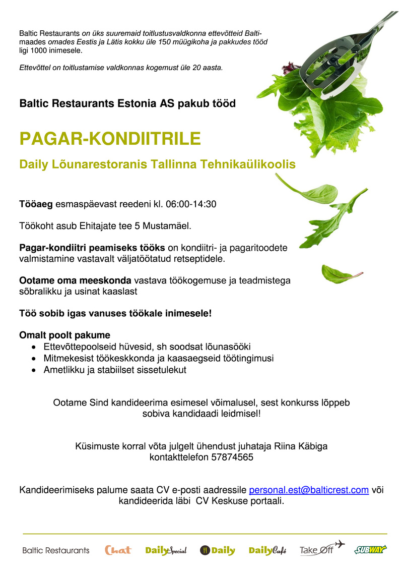 BALTIC RESTAURANTS ESTONIA AS PAGAR-KONDIITER Daily lõunarestoranis TTÜ-s