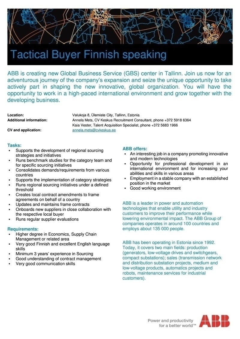 CV Keskus OÜ ABB is looking for a Tactical Buyer (Finnish speaking)