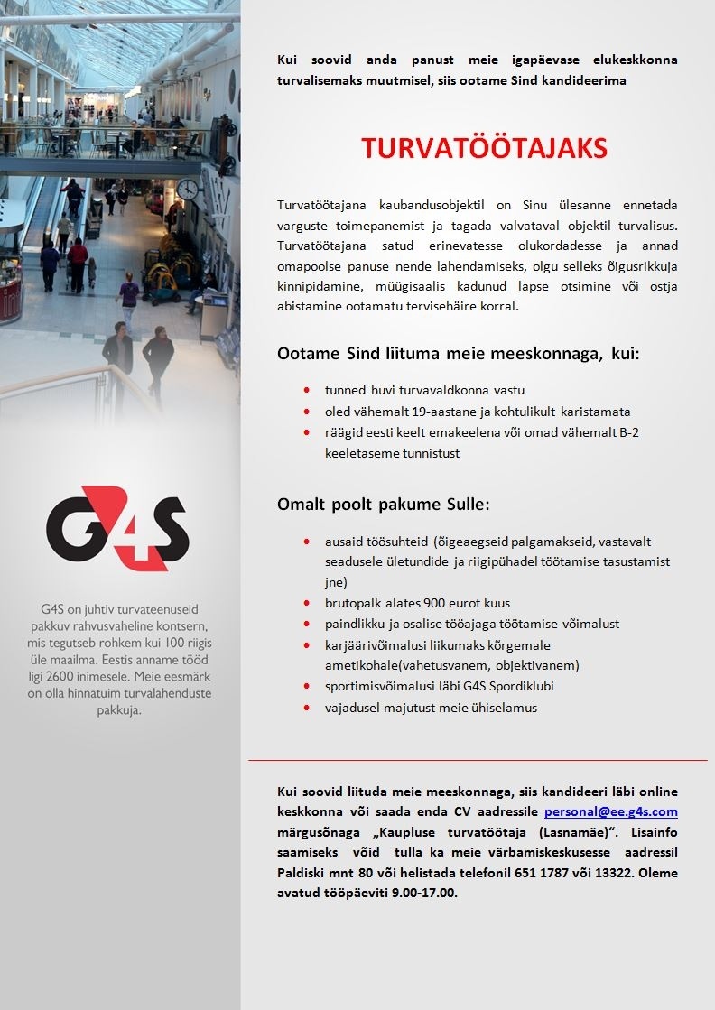 AS G4S Eesti Kaupluse turvatöötaja (Lasnamäe), brutopalk alates 900 eurot kuus