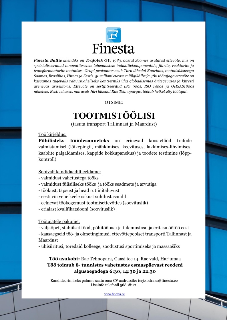 Finesta Baltic OÜ TOOTMISTÖÖLINE (tasuta transport Tallinnast ja Maardust)