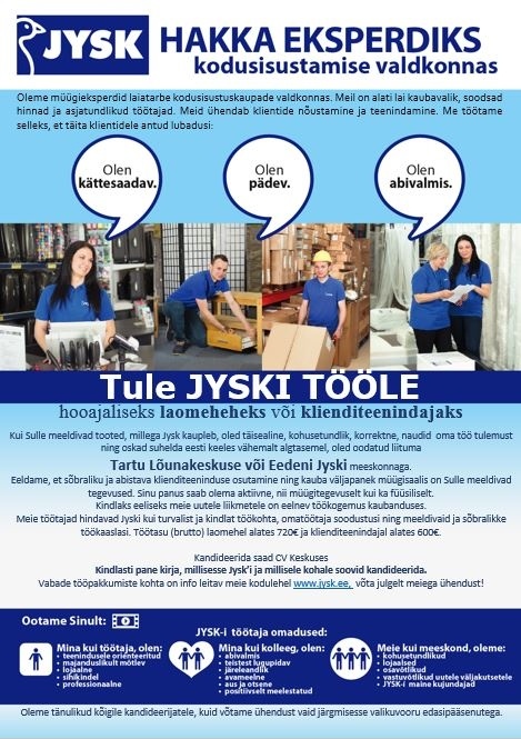 Jysk Linnen'n Furniture OÜ Hooajaline abiline Tartu Eedeni või Lõunakeskuse JYSKi 