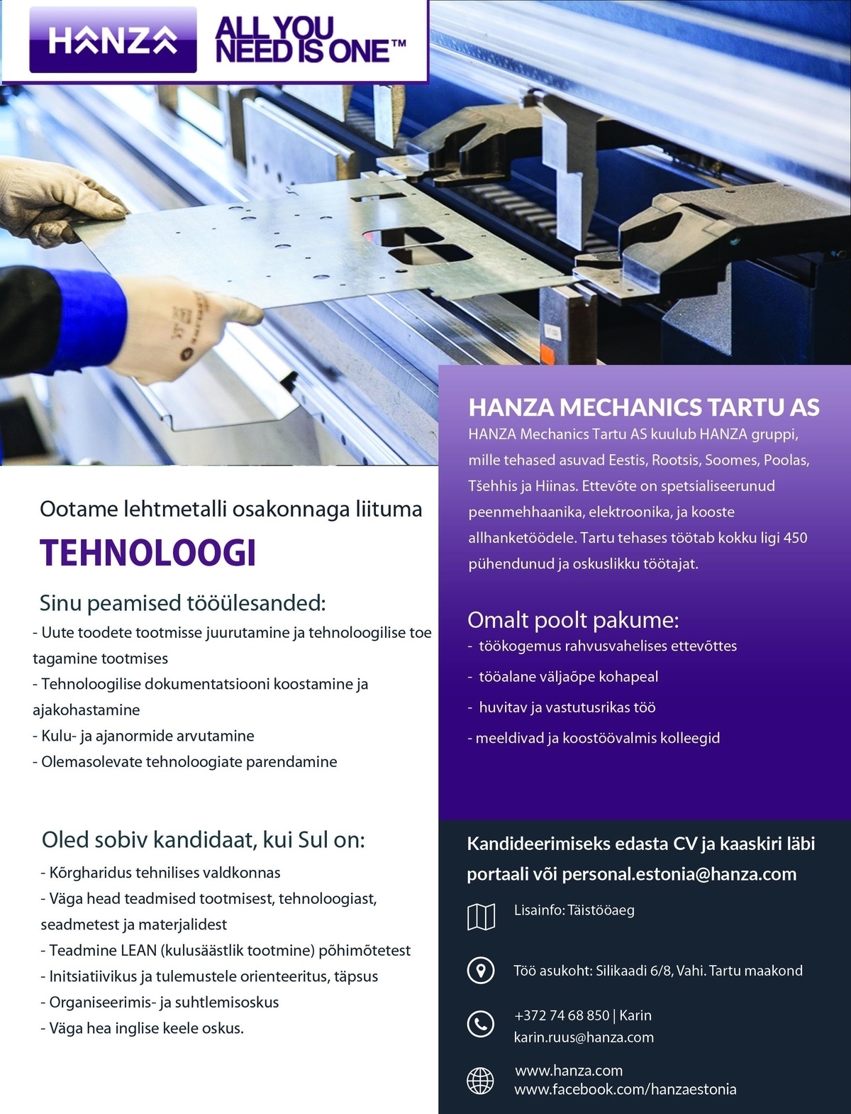 HANZA Mechanics Tartu AS Tehnoloog