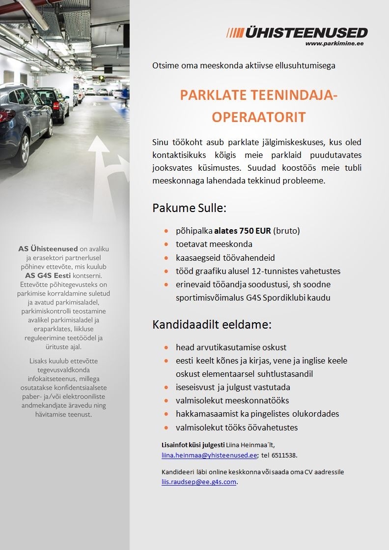 AS Ühisteenused Parklate teenindaja-operaator, palk alates 750 eurot kuus 