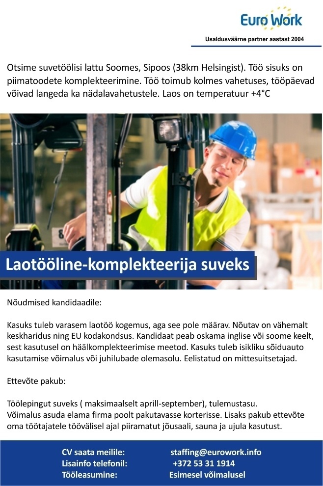 EURO WORK OÜ Suvetöö Soomes