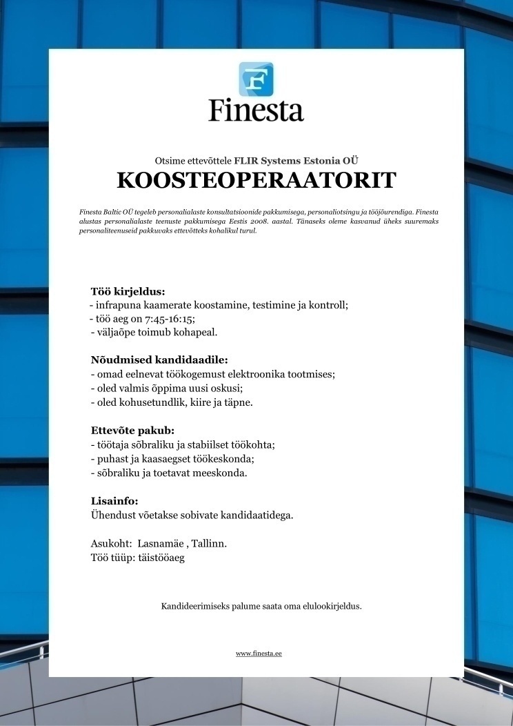 Finesta Baltic OÜ Koosteoperaator (töö sobib ka meestele)