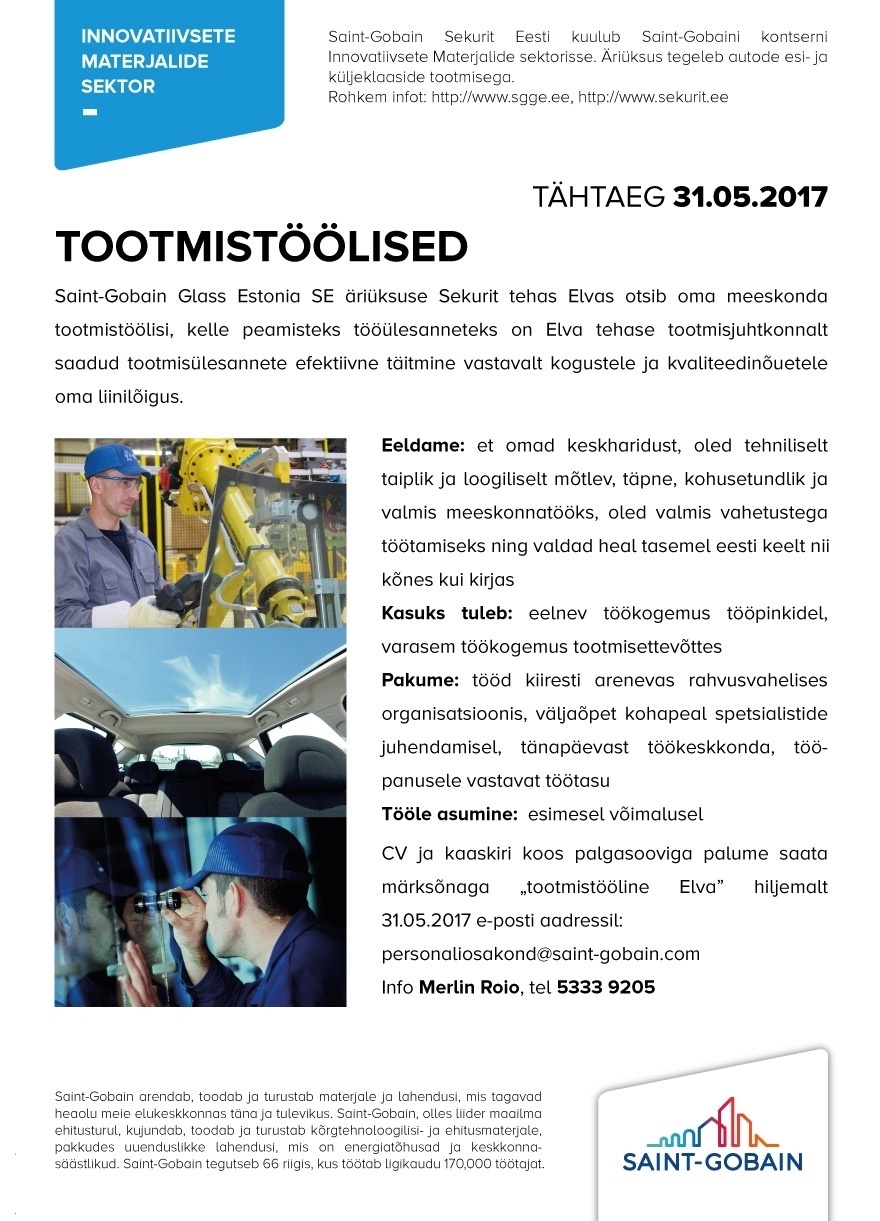 SAINT-GOBAIN GLASS ESTONIA SE Tootmistööline (Elvas)