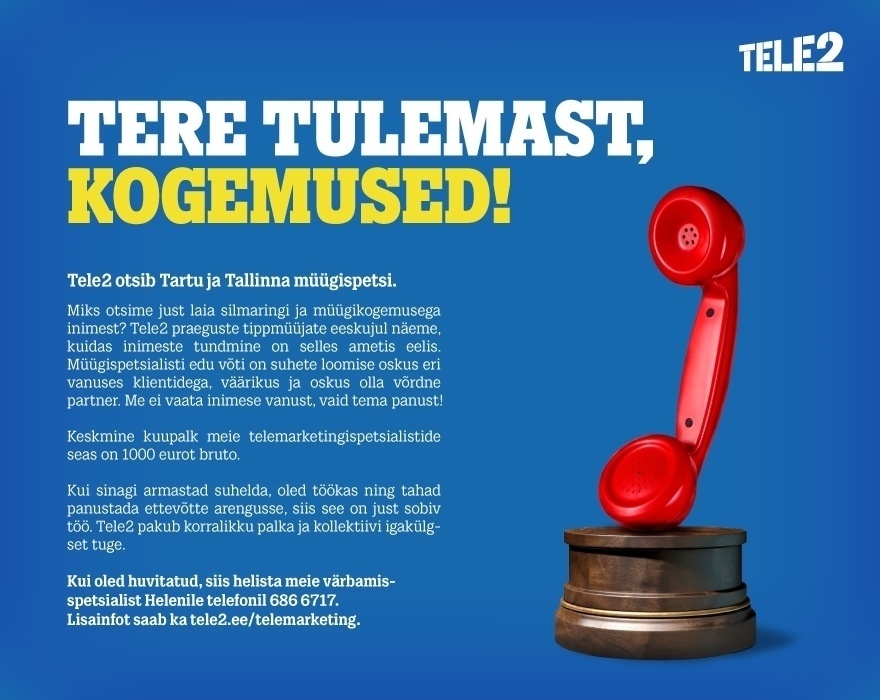Tele2 Eesti AS Müügispetsialist Tartus ja Tallinnas