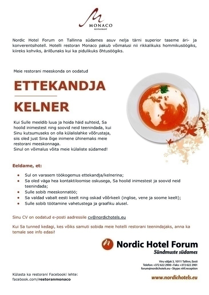 Nordic Hotels OÜ KELNER / ETTEKANDJA
