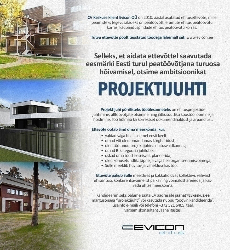 CV KESKUS OÜ Evicon OÜ pakub tööd projektijuhile
