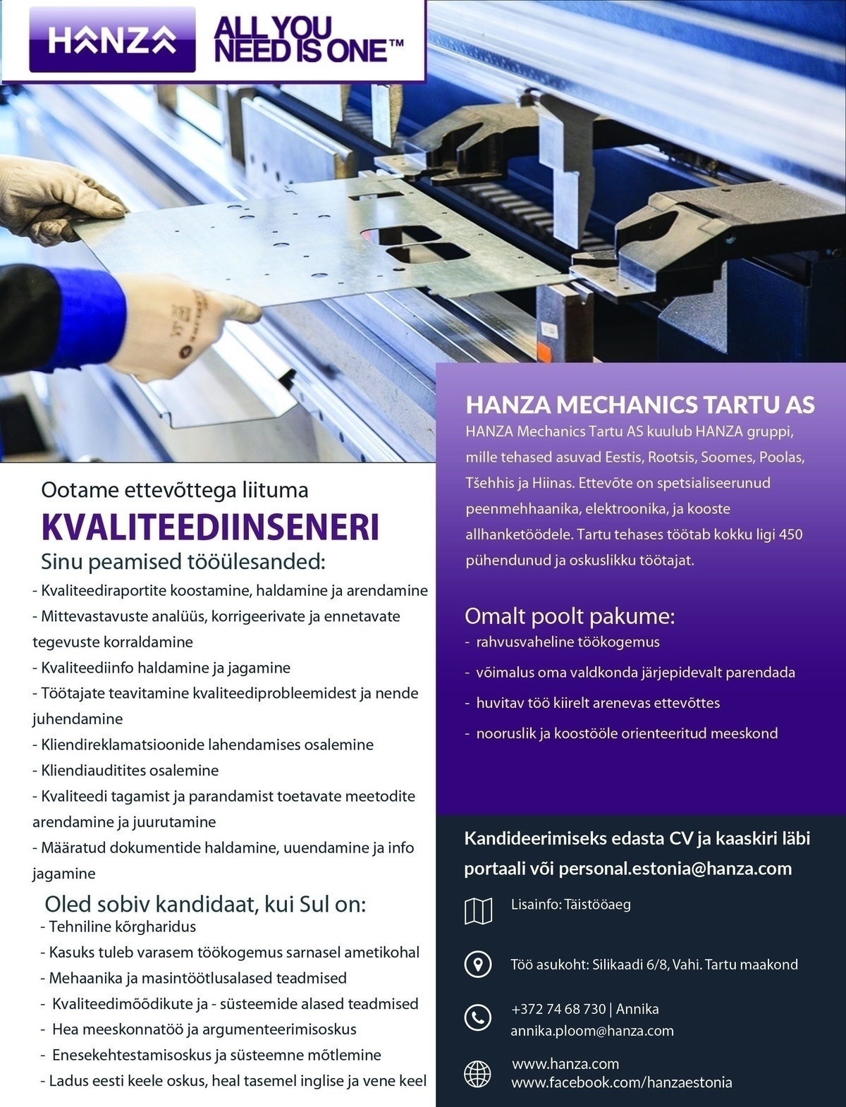 HANZA Mechanics Tartu AS Kvaliteediinsener