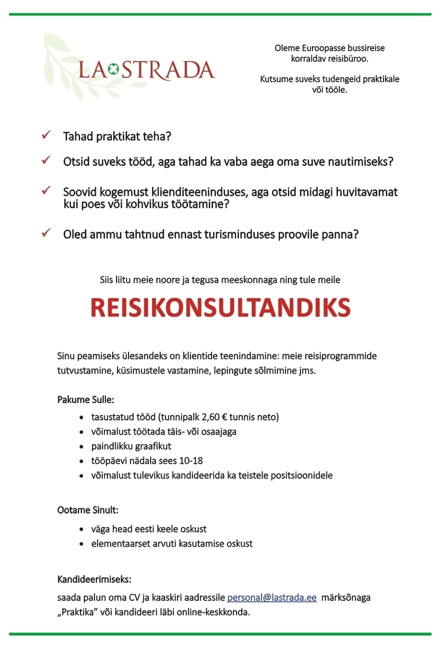 Baltic Kuurort Grupp OÜ PRAKTIKANT - REISIKONSULTANT