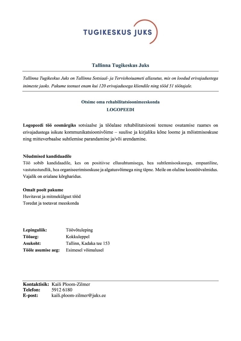 TALLINNA TUGIKESKUS JUKS Logopeed