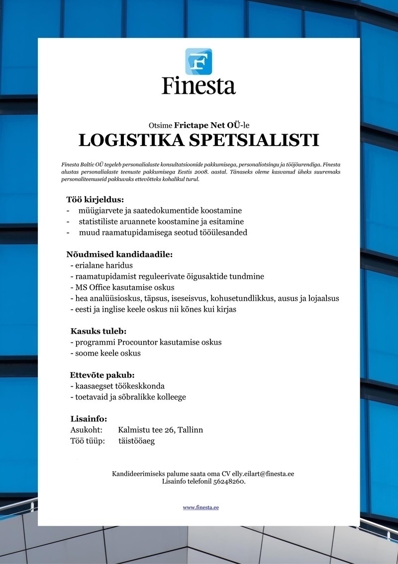 Finesta Baltic OÜ Logistika spetsialist