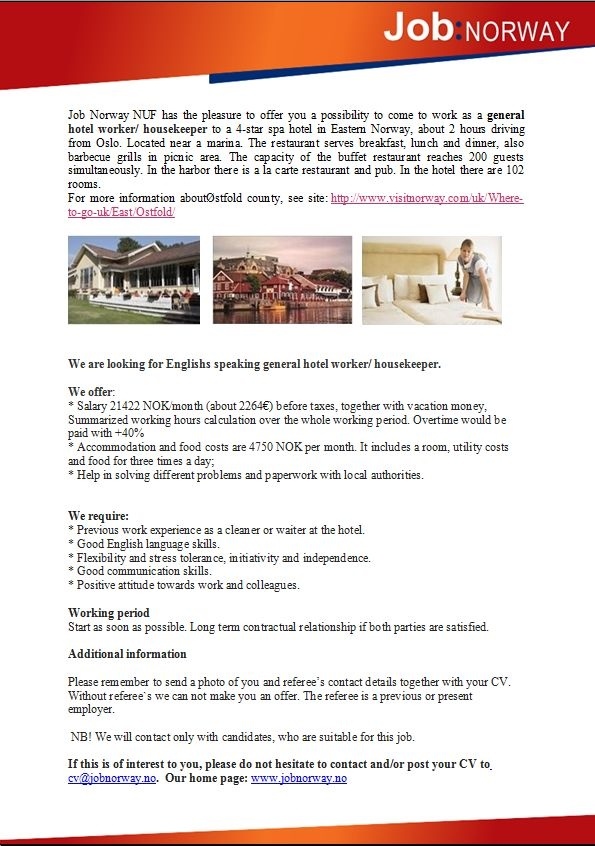 Job Norway OÜ General hotel worker/ housekeeper to 4* hotel