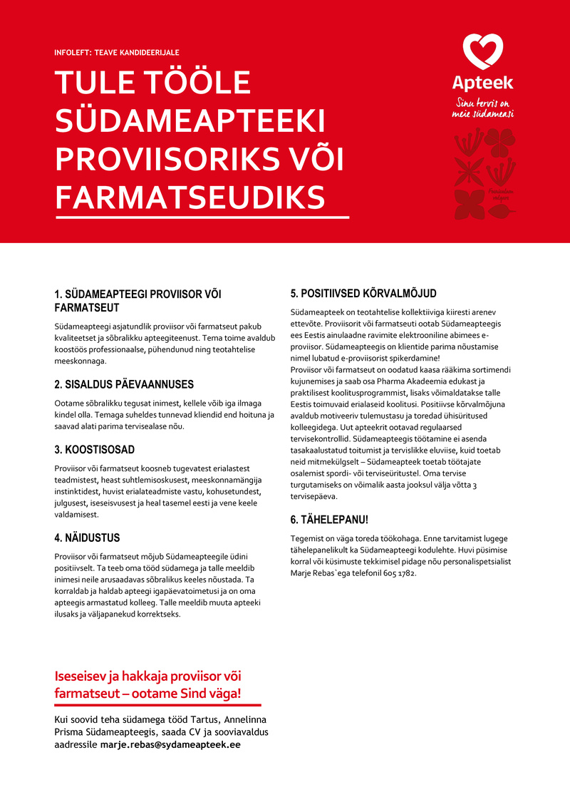 Pharma Holding OÜ Farmatseut või proviisor Tartu Annelinna Prisma Südameapteegis