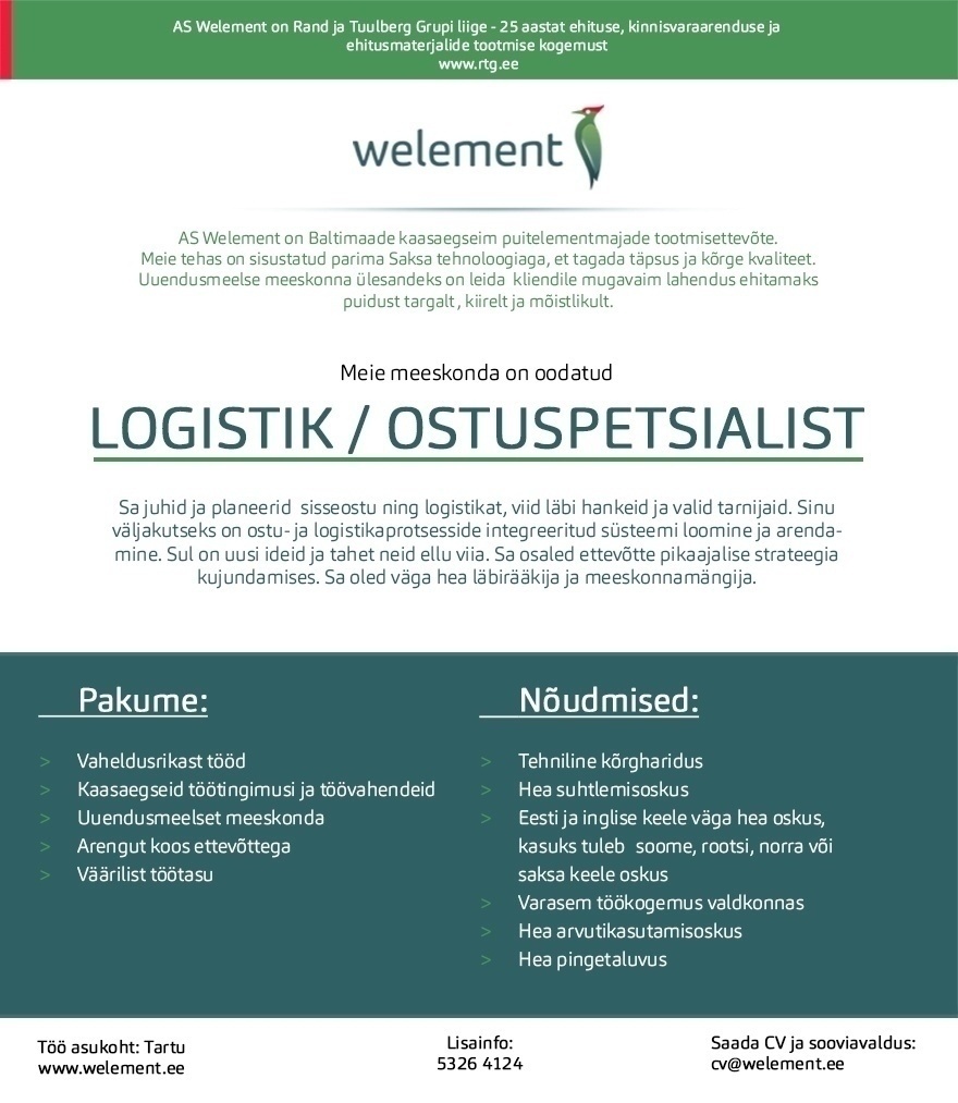 WELEMENT AS Logistik / Ostuspetsialist