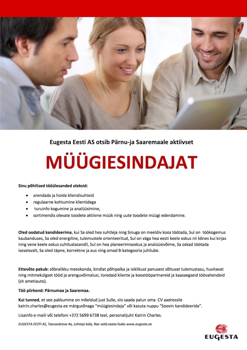 Eugesta Eesti AS Eugesta Eesti otsib aktiivset müügiesindajat