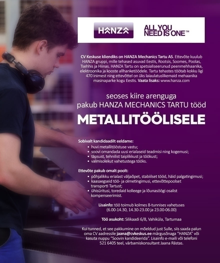 CV KESKUS OÜ HANZA Mechanics Tartu pakub tööd metallitöölisele