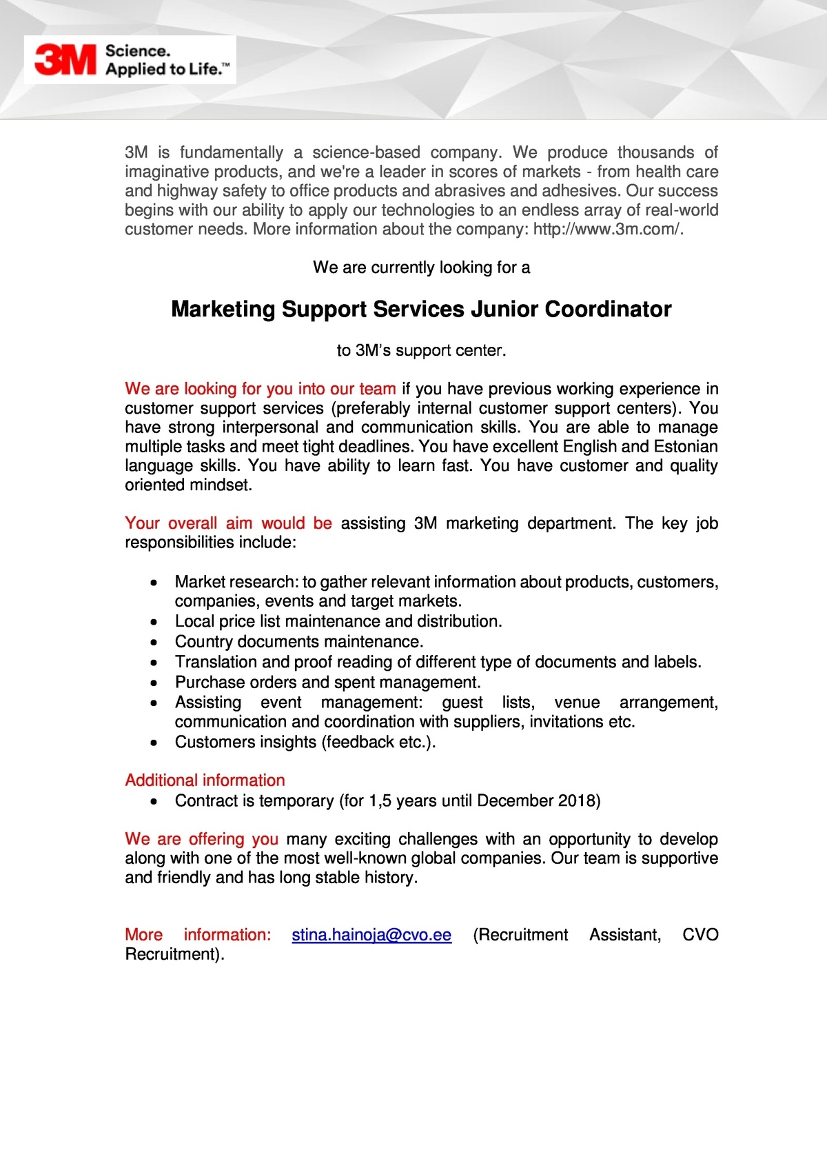 Recruitment Estonia OÜ Marketing Support Services Junior Coordinator